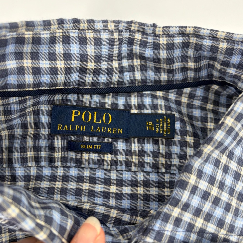 Polo Ralph Lauren Mens XXL Slim Fit Gingham Button Down Shirt Blue Check Cotton - Picture 2 of 10